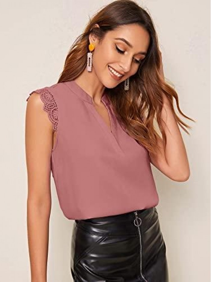 Women's Elegant Notch V Neck Sleeveless Blouse Guipure Lace Work Office Solid Top 