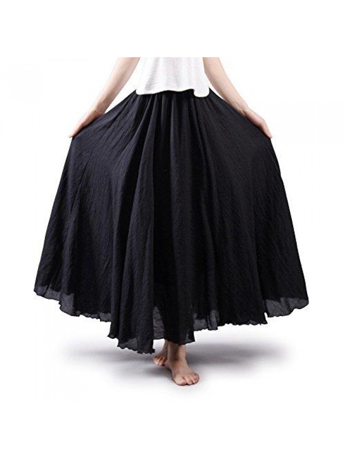 Women's Elastic Waist Flowing Bohemian Cotton Long Maxi Skirt for Summer Beach Holiday 