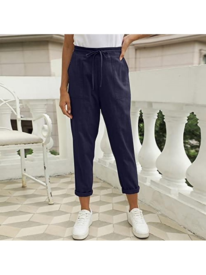 Womens Tapered Pants Cotton Linen Drawstring Back Elastic Waist Pants Casual Trousers with Pockets 