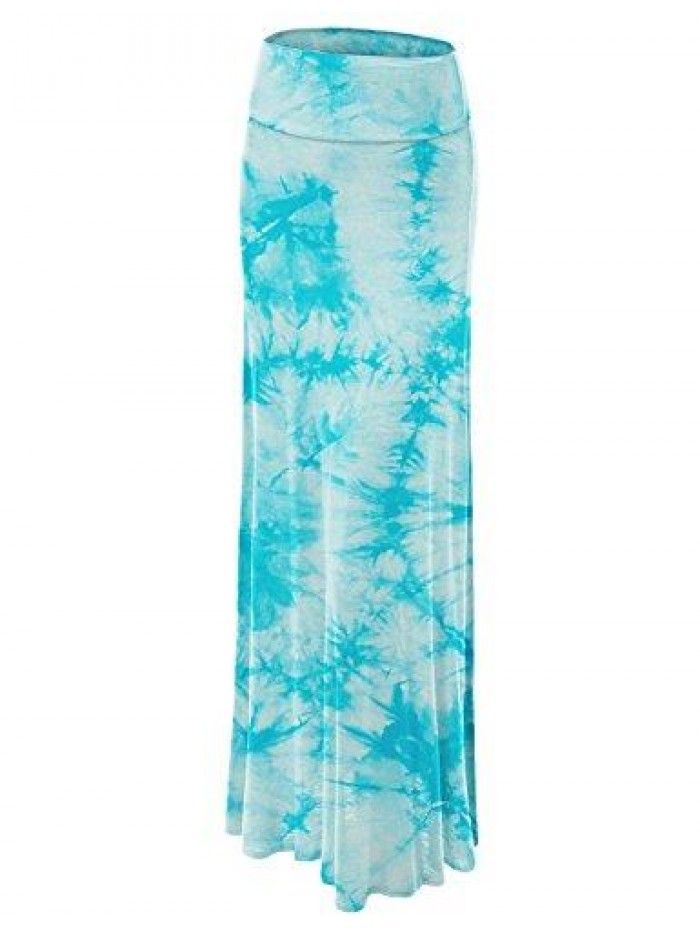 and Love Women's Basic Solid Tie Dye Foldable High Waist Floor Length Maxi Skirt S-3XL Plus Size 