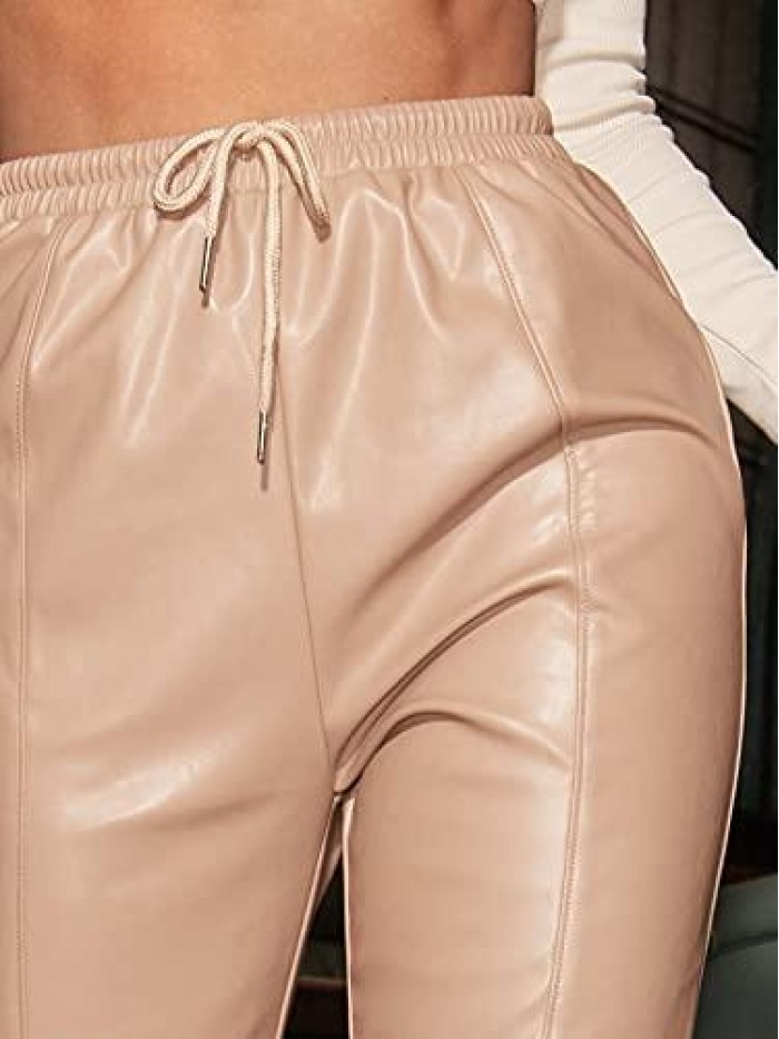 Women's Drawstring High Waisted Cropped Tapered Pu Leather Pants 