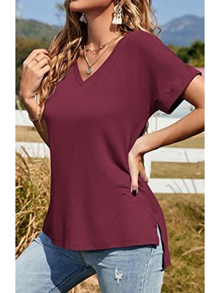 Women's Summer Short Sleeve V-Neck Shirts Casual Tee T-Shirt Side Split Loose Tops 