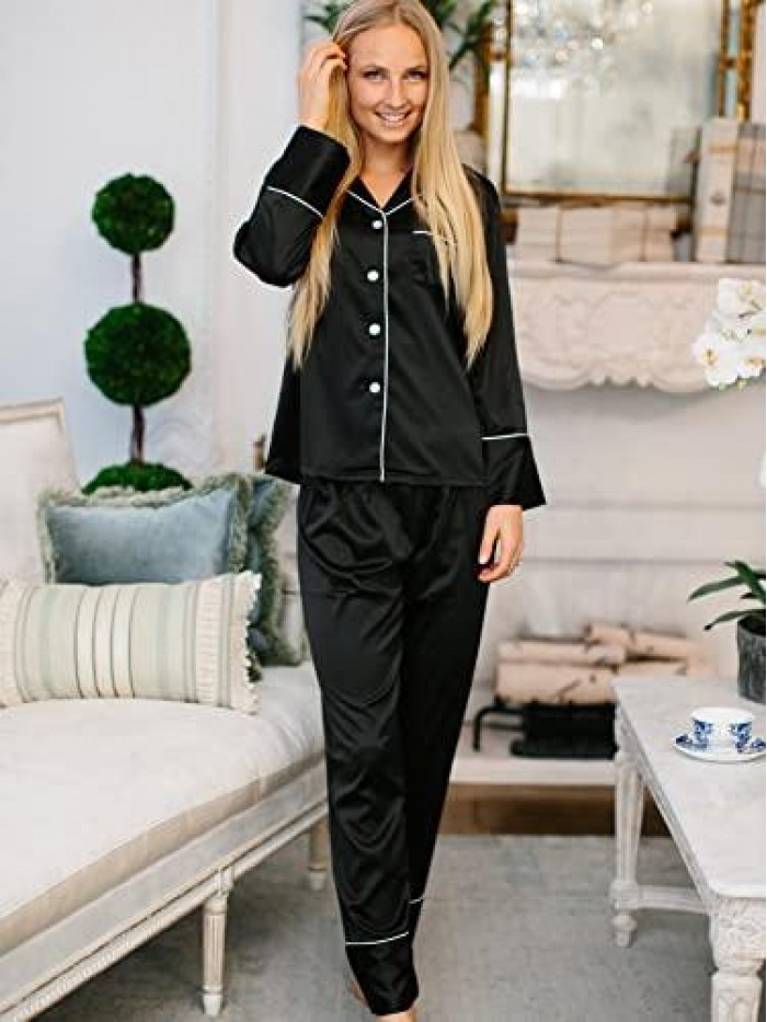 Design Women's Silk Satin Pajama Button Down Long Sleeve and Pants Set Sleepwear Loungewear S To XXL 