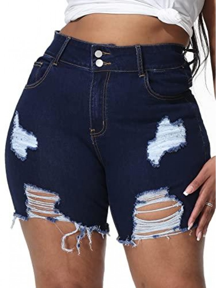 Plus Size Denim Shorts for Women High Waisted Ripped Distressed Stretchy Jean Shorts 