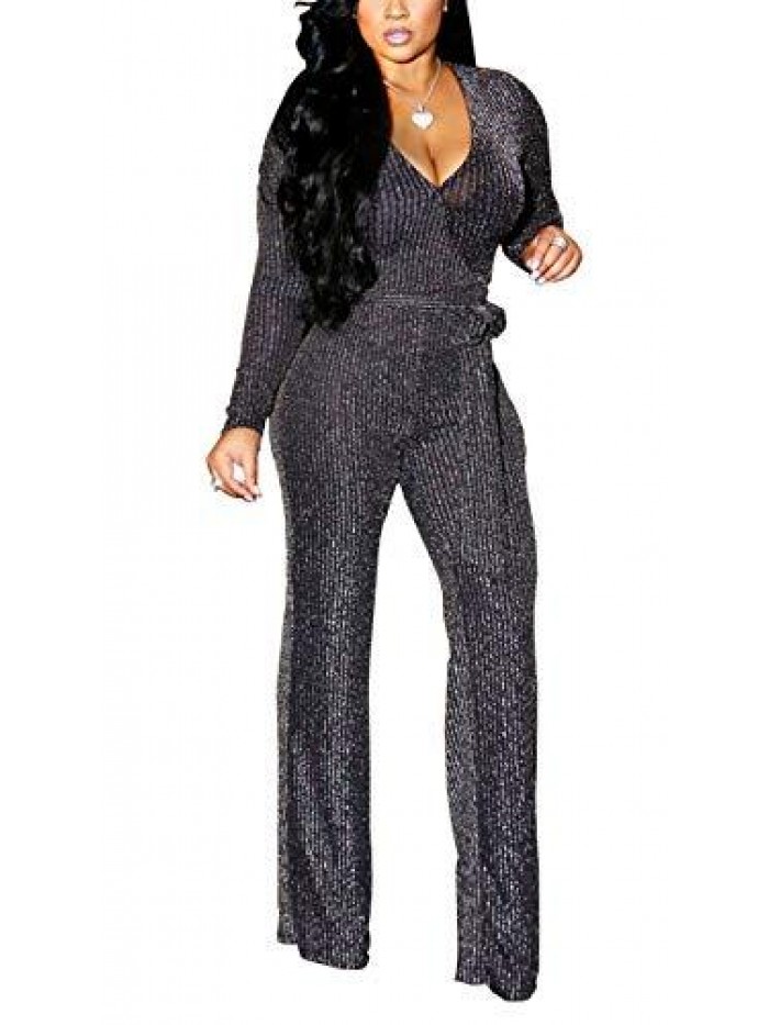 Women's Sexy Sparkly Jumpsuits Clubwear Long Sleeve Elegant Party Rompers High Waisted Wide Leg Pants 