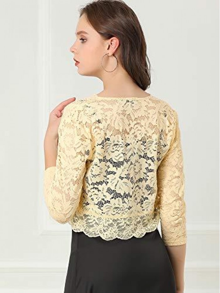 K Women's Elegant 3/4 Sleeve Sheer Floral Lace Shrug Top 