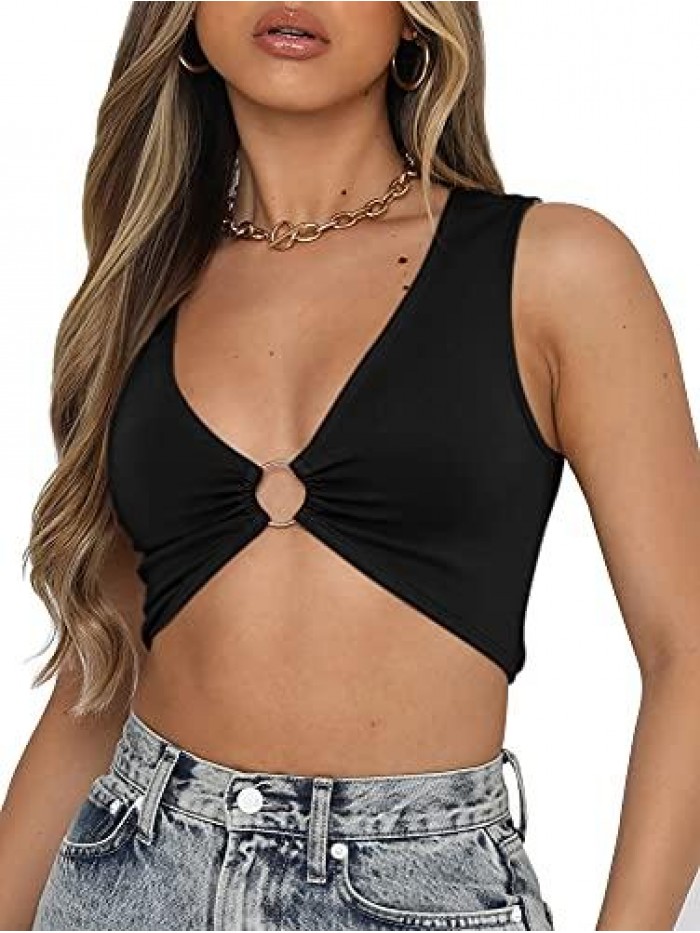 Sexy Crop Tops for Women Sleeveless Deep V Neck Workout Tops Plunge Ring Cleavage Cropped Tank Top 