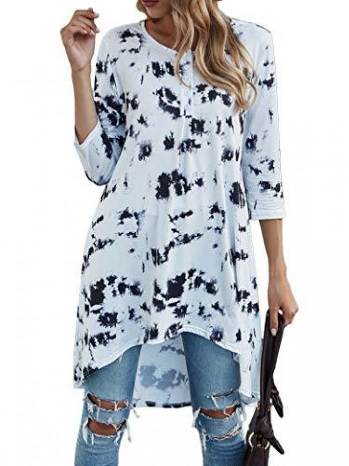 Women's 3/4 Sleeve Button V Neck High Low Loose Fit Casual Long Tunic Tops Tee Shirts S-3XL 