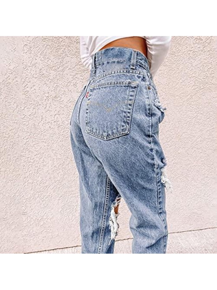 Distressed Jeans Women's High Waist Skinny Ripped Jeans Slim Destroyed Denim Stretch Trousers 