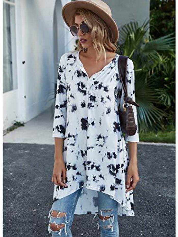 Women's 3/4 Sleeve Button V Neck High Low Loose Fit Casual Long Tunic Tops Tee Shirts S-3XL 