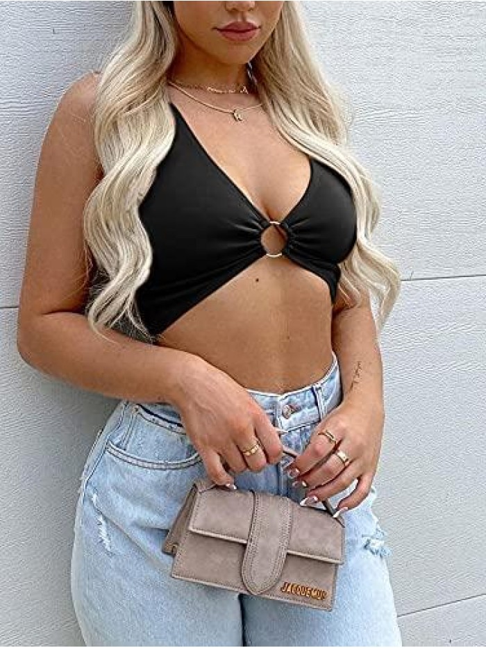 Sexy Crop Tops for Women Sleeveless Deep V Neck Workout Tops Plunge Ring Cleavage Cropped Tank Top 