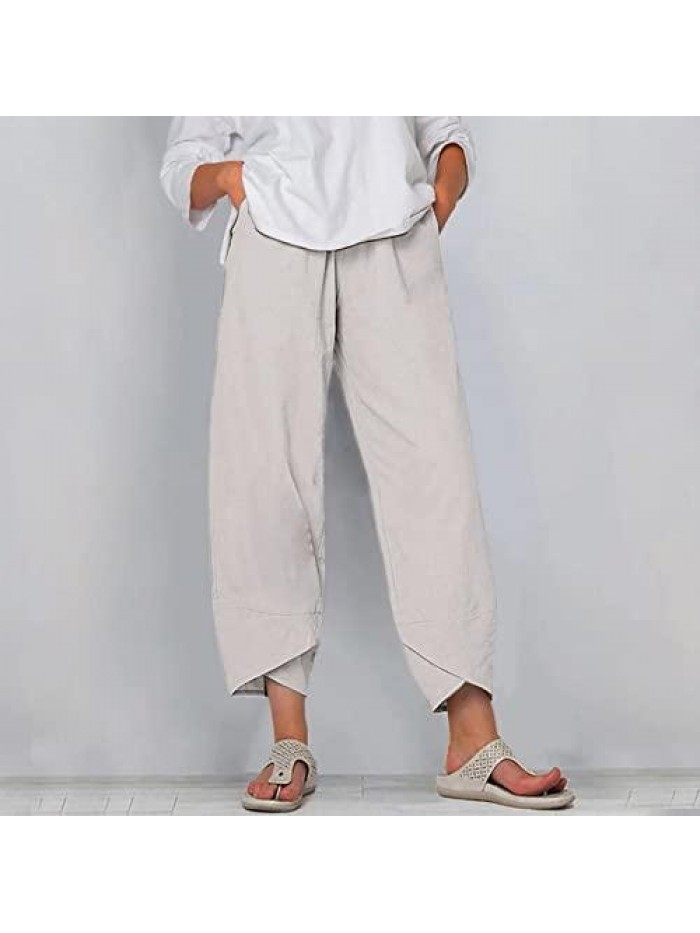 Pants for Women Casual Summer Plus Size Loose Wide Leg Elastic Waist Capris Pants Beach Pockets Crop Pants 