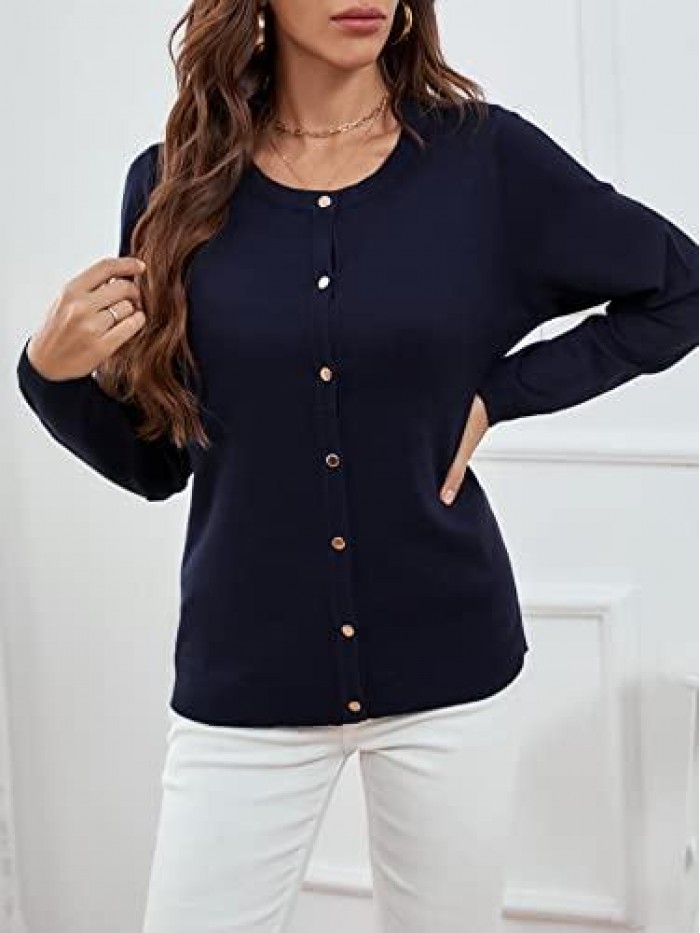 Women's Crew Neck Long Sleeve Button Down Classic Solid Color Sweater Knit Cardigan