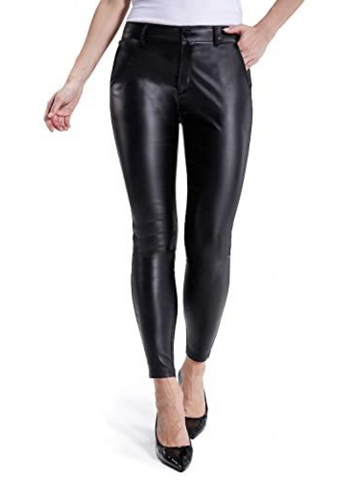 Balleay Art Faux Leather Pants for Women Zipper Skinny Leg Black Leather Pants for Women with Pockets
