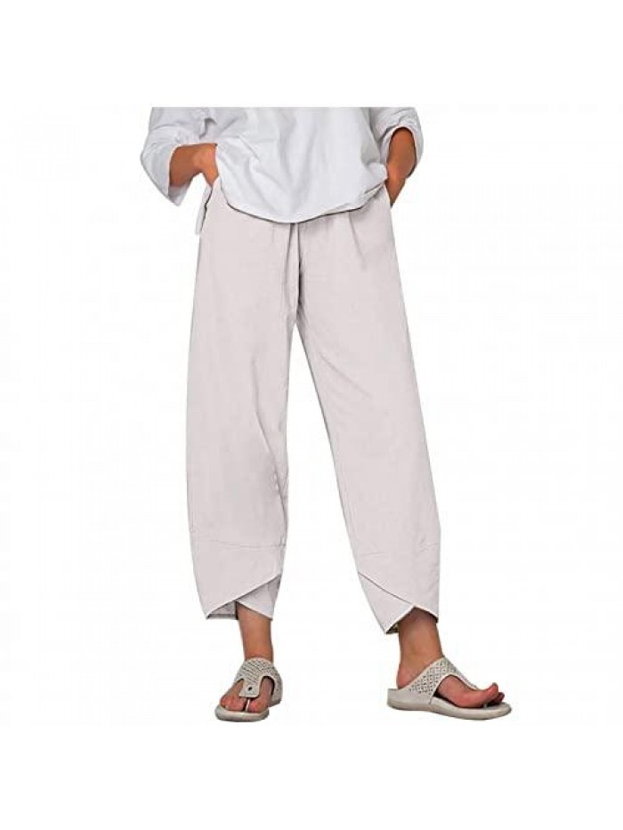 Pants for Women Casual Summer Plus Size Loose Wide Leg Elastic Waist Capris Pants Beach Pockets Crop Pants 