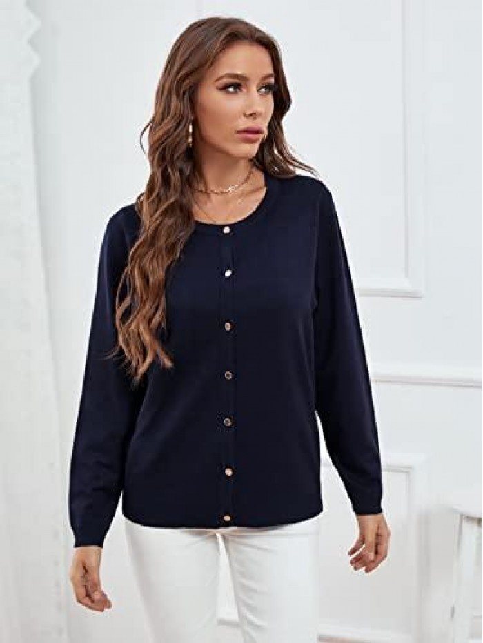 Women's Crew Neck Long Sleeve Button Down Classic Solid Color Sweater Knit Cardigan
