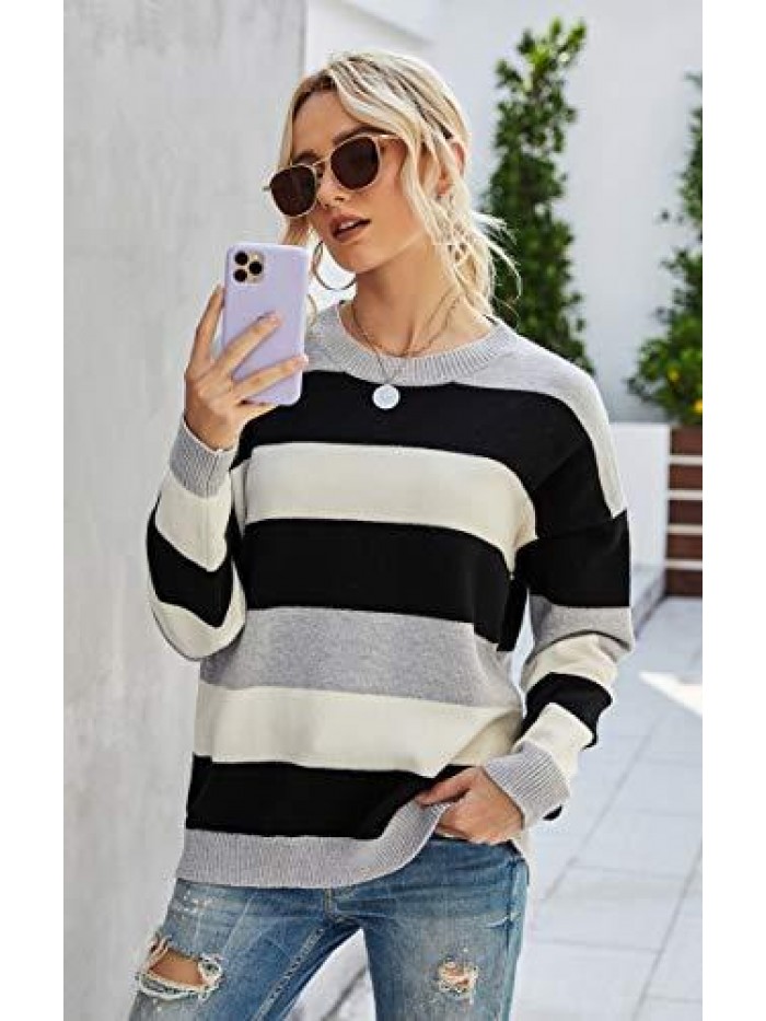 Women's Sweaters Casual Long Sleeve Crewneck Color Block Patchwork Pullover Knit Sweater Tops 