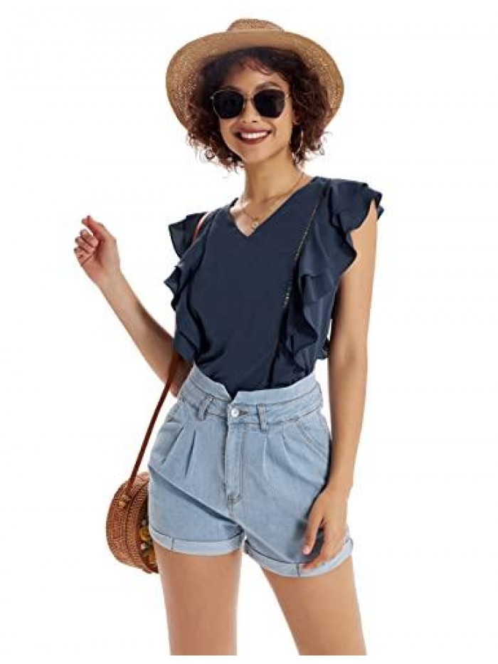 KARIN Women's Summer Sleeveless Tank Tops Double Layered Cap Sleeve Ruffle Chiffon Blouses Vacation Office Work Shirts 