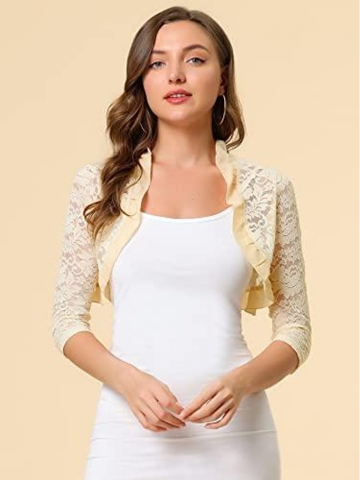 K Women's Elegant Ruffle Collar Crop Cardigan Sheer Floral Lace Shrug Top 