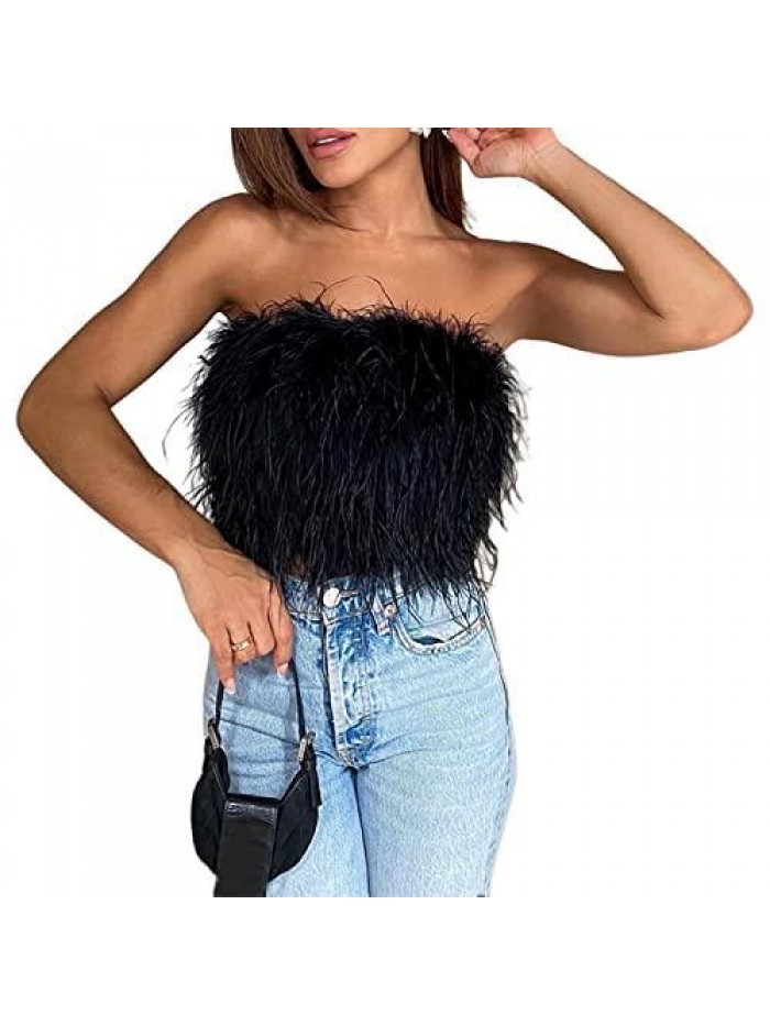 Women Artificial Fur Feather Vest, Sexy Feather Cami Tube Sleeveless Strapless Backless Fluffy Slim Fit Tube Tops 