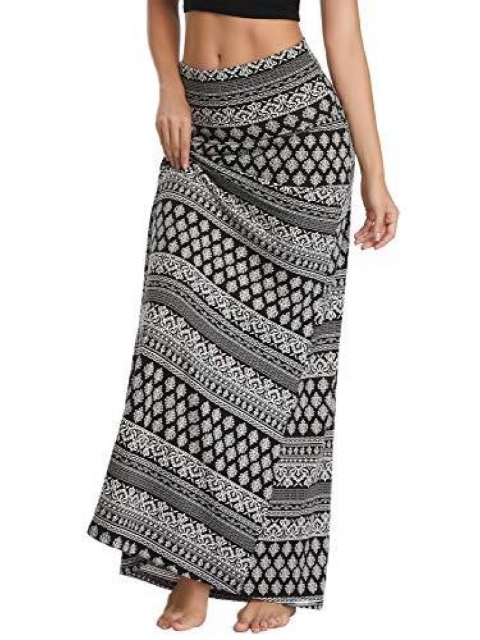 Women's Bohemian Style Print/Solid Elastic Waist Long Maxi Skirt 