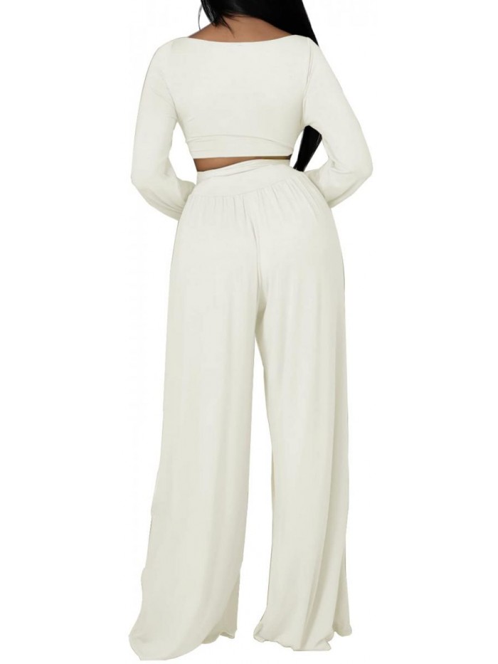 Piece Outfits for Women Sexy Basic Top Elegant Loose Wide Leg Long Pants Sets 