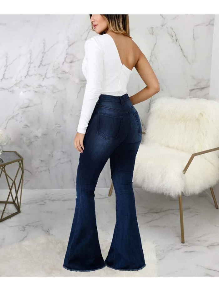 Bottom Jeans for Women Ripped High Waisted Classic Flared Pants 