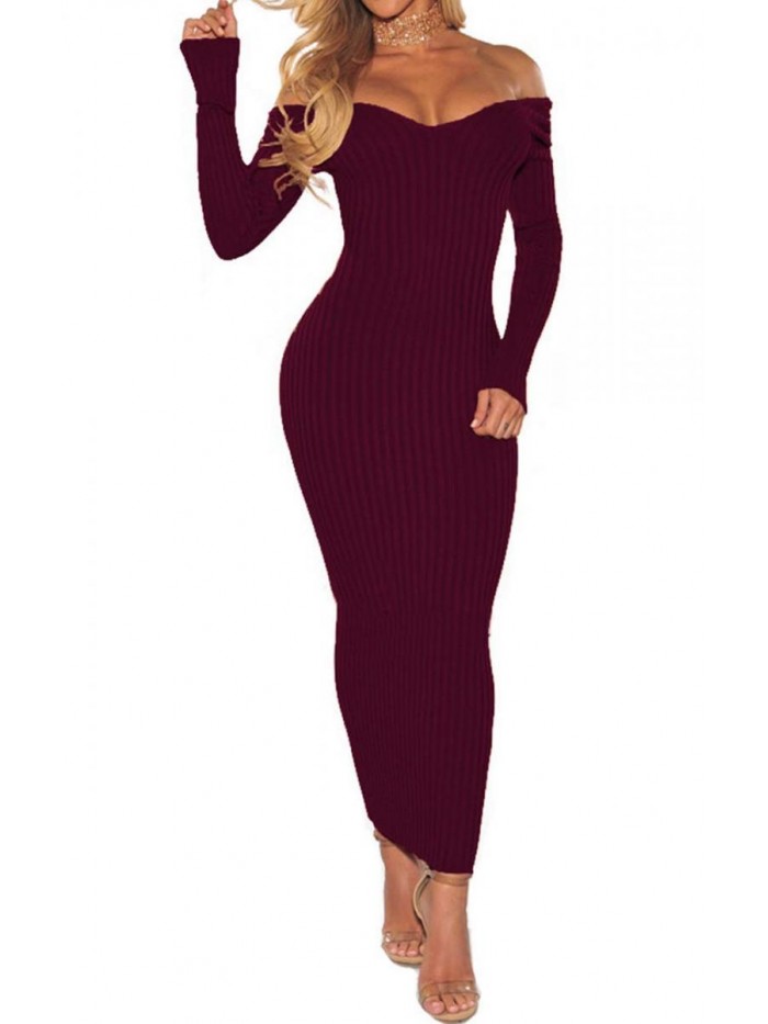 TDiooCor Women's Sexy Off Shoulder Long Sleeve Knit Bodycon Dress