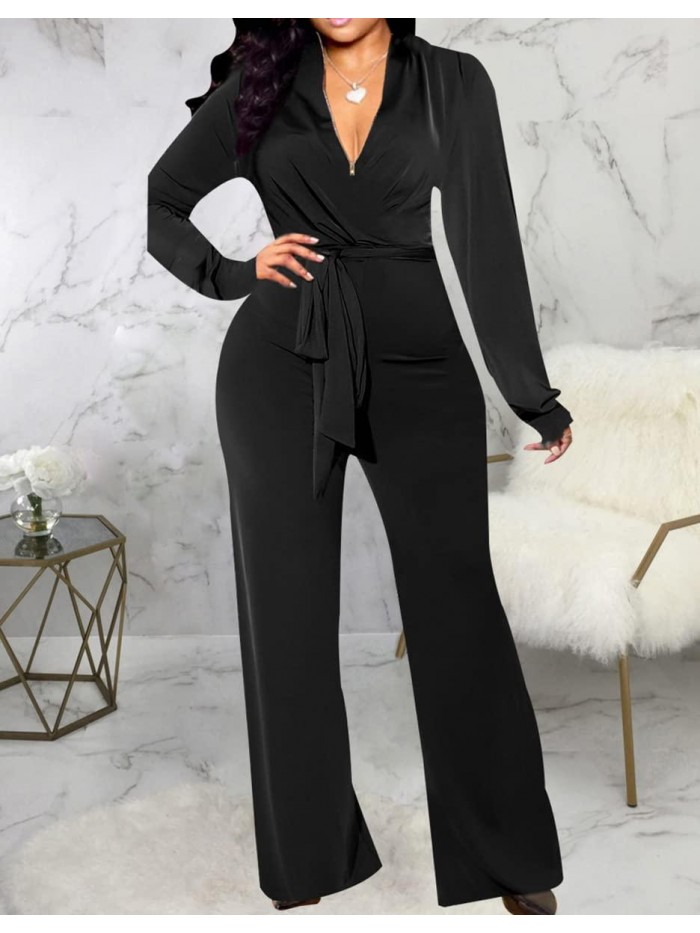 Sexy Jumpsuits Elegant Long Sleeve Straight Long Pants Clubwear Rompers with Belt Floral Print 