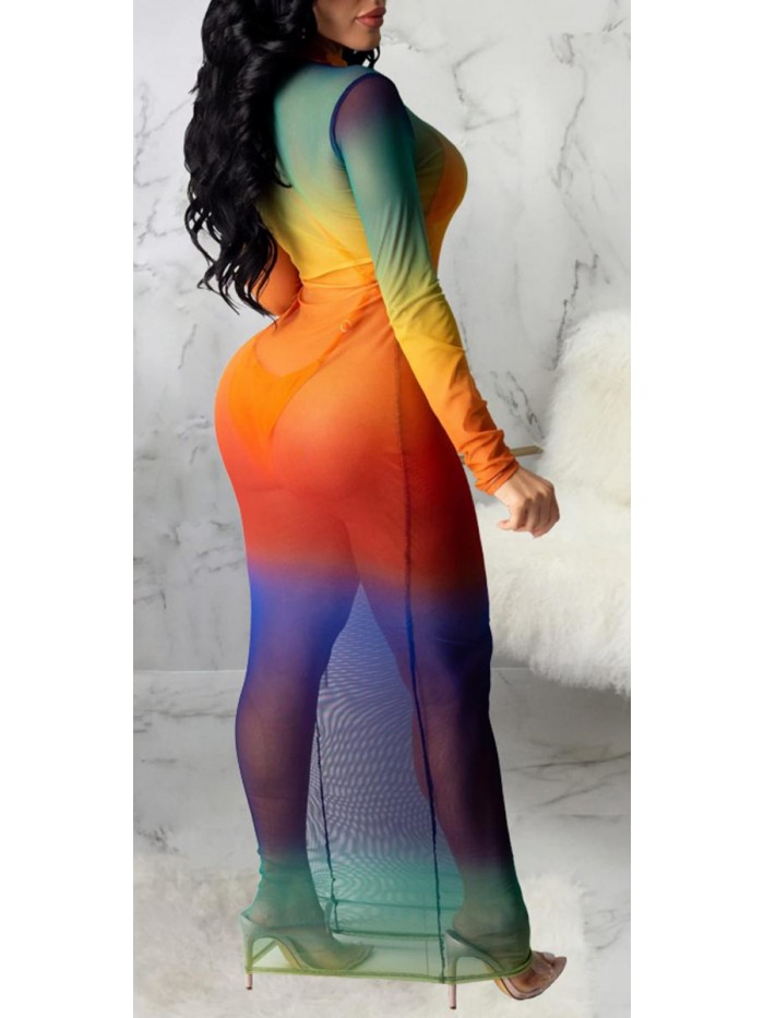 Sexy Sheer Mesh Dress Bodycon See Through Long Sleeve Beach Swimsuit Cover Up 