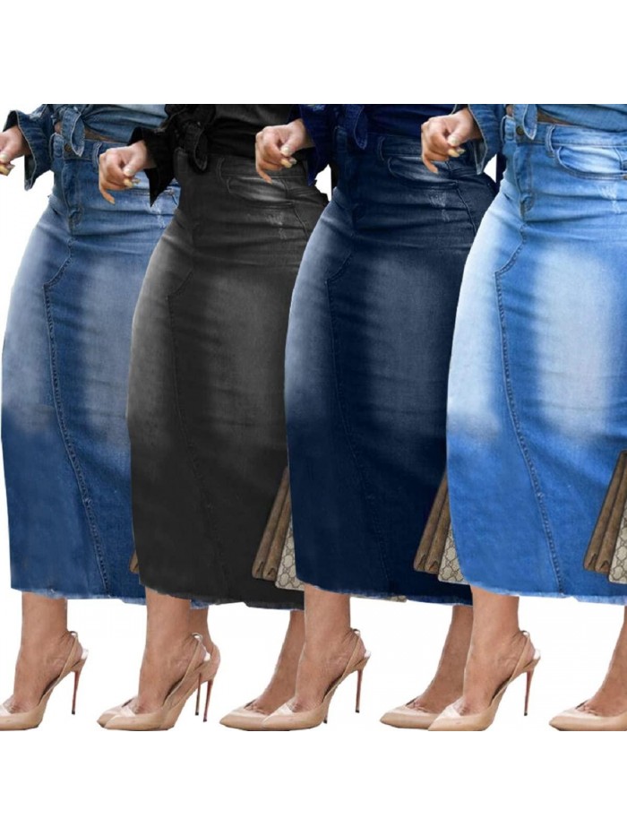 Slit Skirt Denim Skirts for Women Irregular Split High Waist Washed Frayed Jean Long Skirt with Pockets 