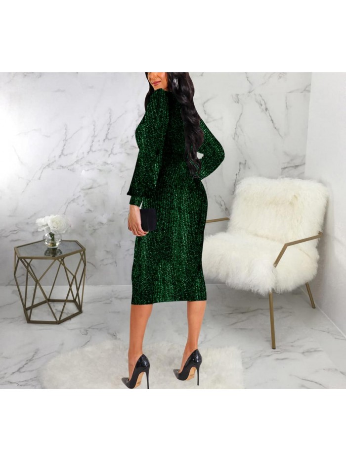 Women's Sparkly Dresses Long Sleeve Bodycon Sequin Cocktail Midi Dress Evening Party Ball Gowns 