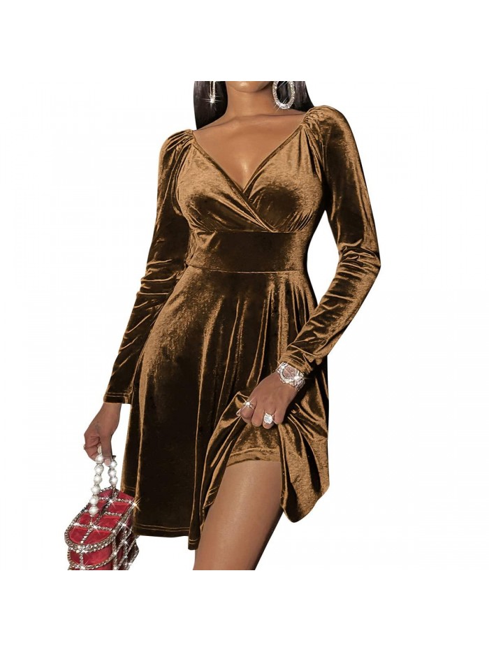 Womens Wrap V Neck Long Sleeve Velvet Elegant Bodycon Cocktail Party Midi Dress 