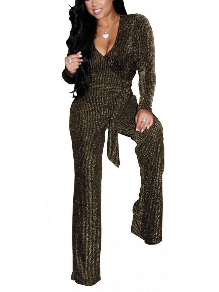 Casual Sexy Sequin Jumpsuits V Neck Long Sleeve Onesie Pants Party Clubwear with Belt 
