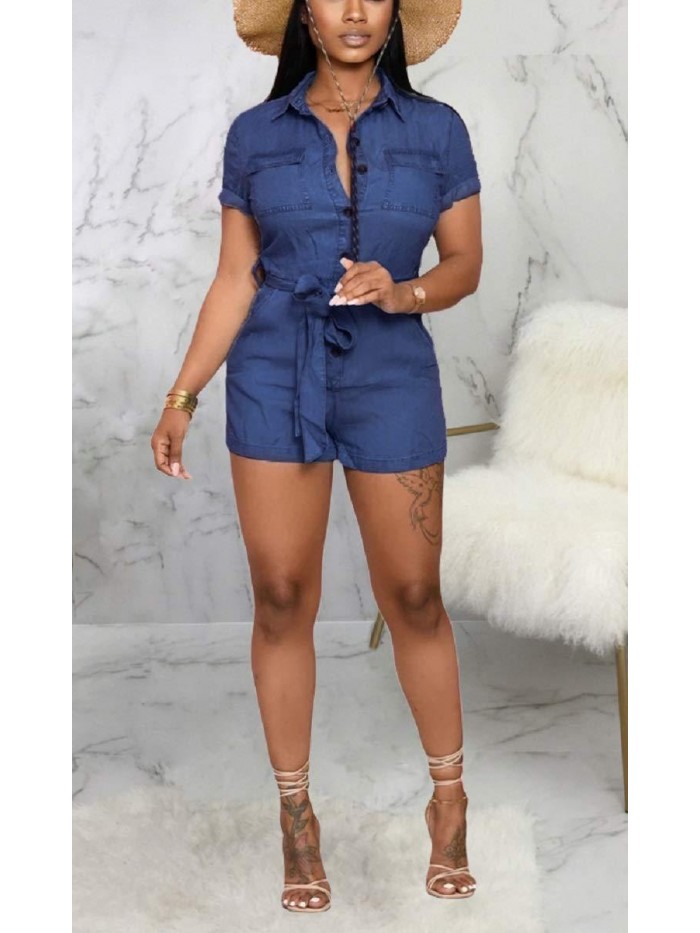 Denim Rompers for Women Summer Jean Rompers for Women Sexy Loose Elegant Jumpsuits with Pockets 