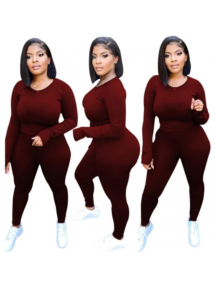 Sexy 2 Piece Outfits Jumpsuit Long Sleeve Top High Waist Pant Set Rompers 