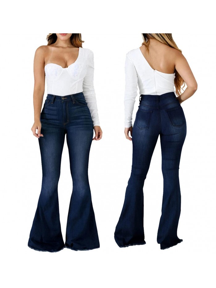 Bottom Jeans for Women Ripped High Waisted Classic Flared Denim Pants 