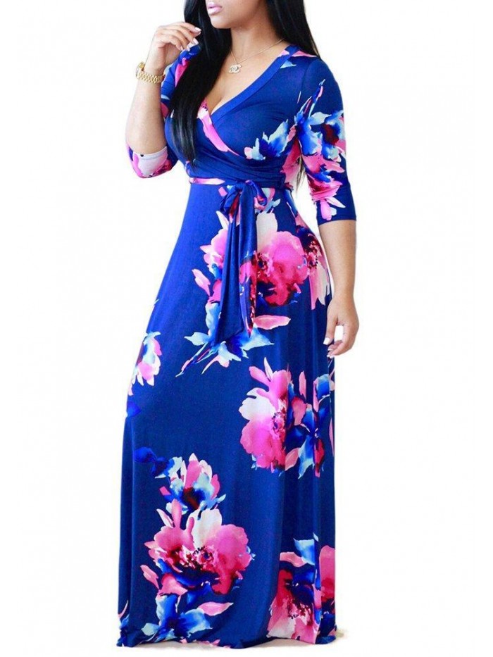 Women's Sexy V Neck Floral Long Sleeves Maxi Dresses Casual Loose Party Prom Ladies Outfits 