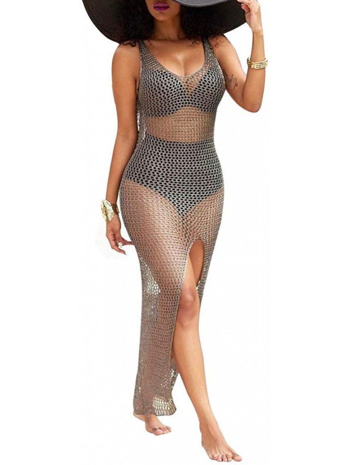 Sexy Long Maxi Dresses Summer Casual See Through Short Sleeve Sheer Mesh Beach Cover Ups Stretchy Plus Size Swimsuit 