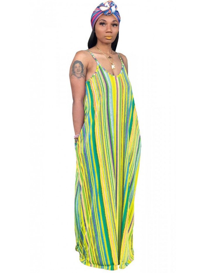Women's Casual Sexy Summer Stripe Bodycon Long Maxi Dresses Floor Length Sleeveless Plus Size Sundresses 