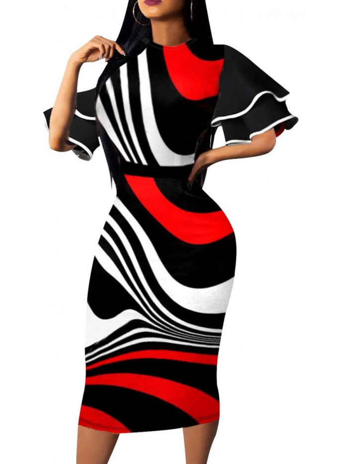 Pencil Dress for Women V Neck Elegant Bodycon Long Sleeve Business Suiting Midi Dresses 