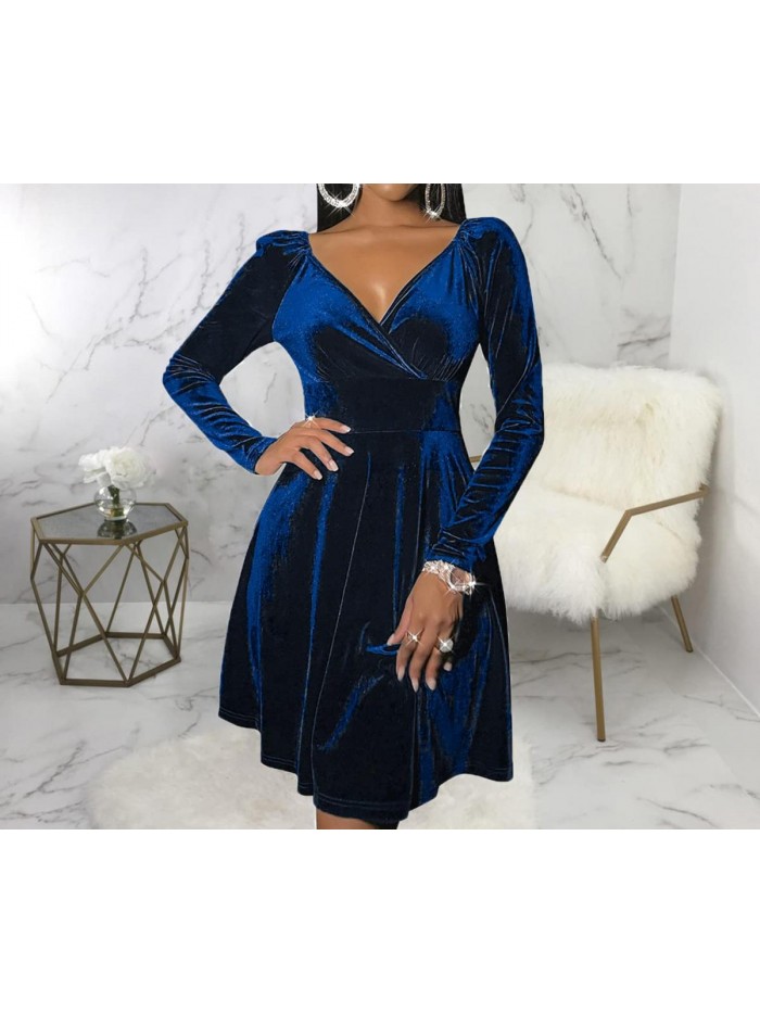 Womens Wrap Dress V Neck Long Sleeve Ruched Mini Party Cocktail Dresses Skater Dress 