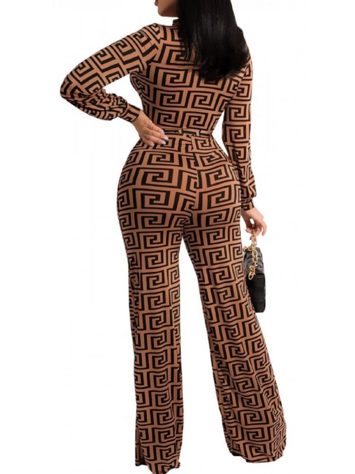 Women's Sexy V Neck Jumpsuit Elegant Long Sleeve Chest zipper Straight Trousers Business Romper with Belt 