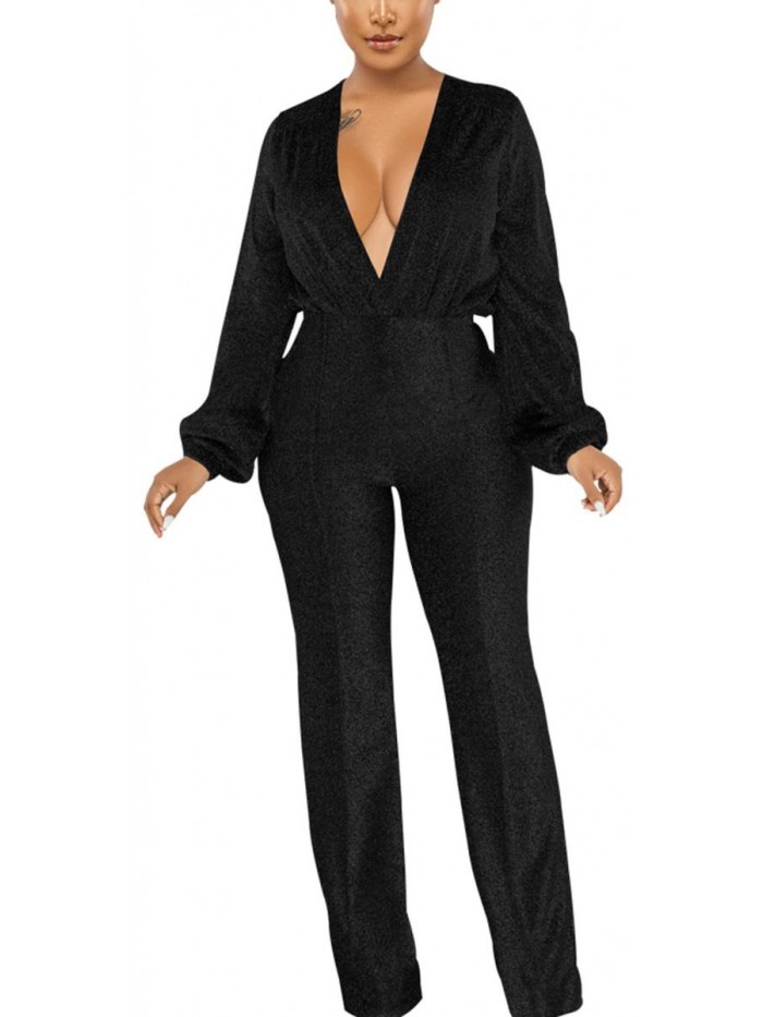 Long Sleeve Round Neck Jumpsuit for Work Wide Leg Pants Rompers 