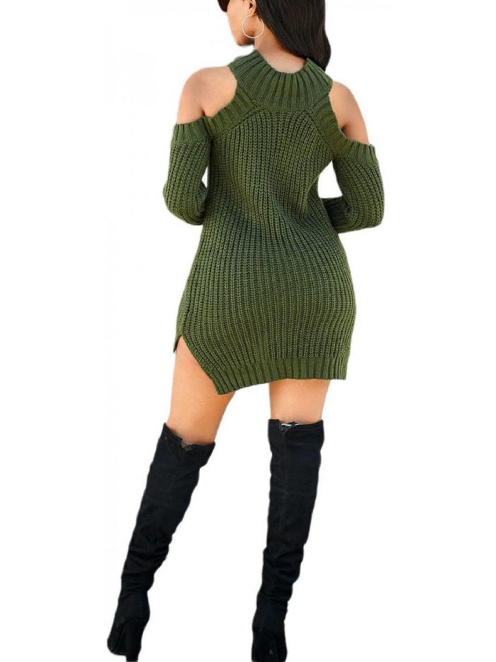 Dress for Women Ribbed Sexy Off Shoulder Mock Neck Long Sleeve Stretchy Pullover Dresses 