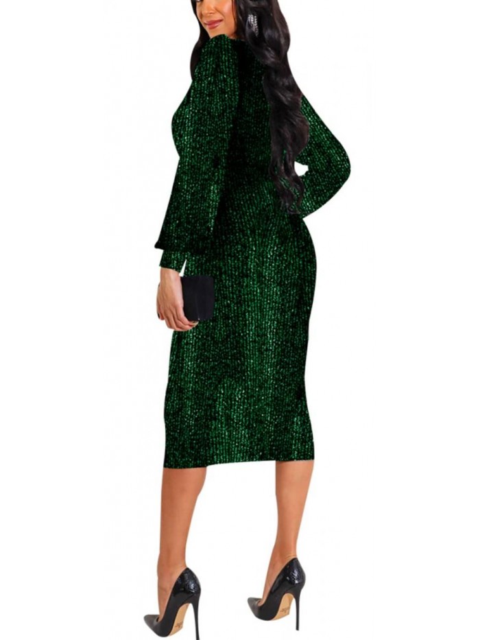 Women's Sparkly Dresses Long Sleeve Bodycon Sequin Cocktail Midi Dress Evening Party Ball Gowns 