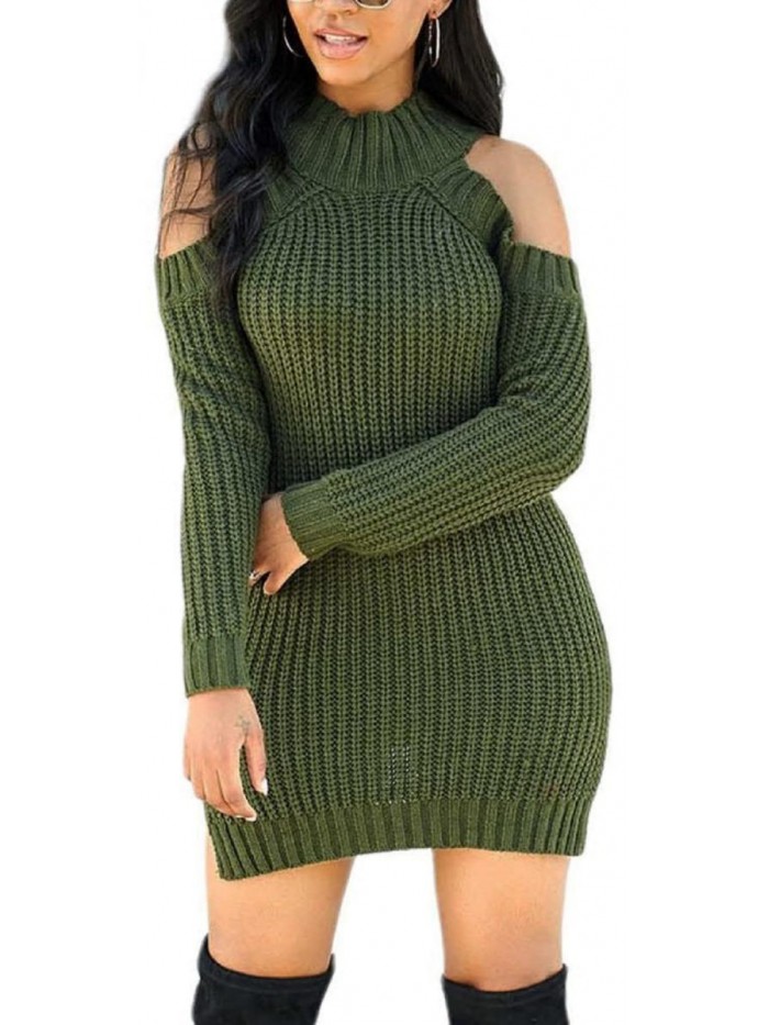 Dress for Women Ribbed Sexy Off Shoulder Mock Neck Long Sleeve Stretchy Pullover Dresses 