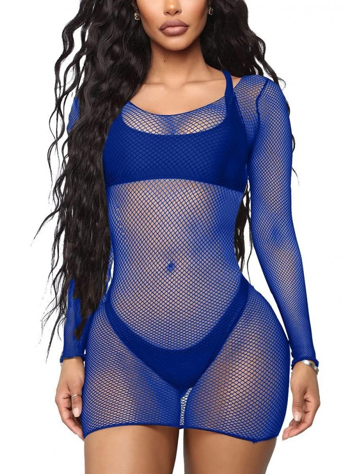 Mesh Dresses Swimsuits Sheer Bikini Classtic Cover Ups Solid Color Long Sleeves See Through Dress 