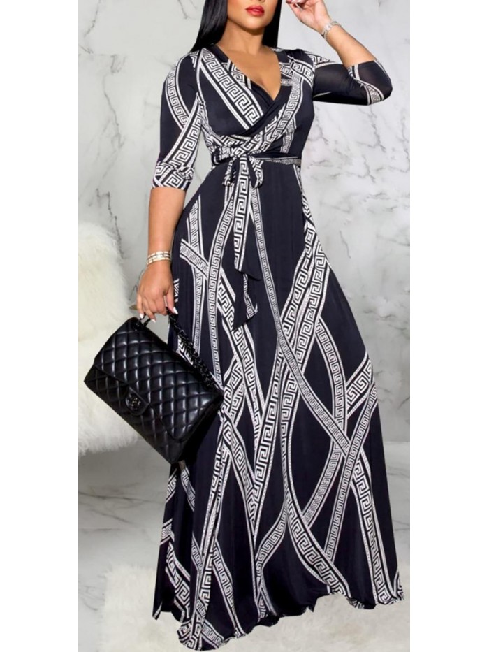 Women's Sexy V Neck Stripe Printed Casual Floor Length Flowy Evening Party Maxi Dress with Belt 