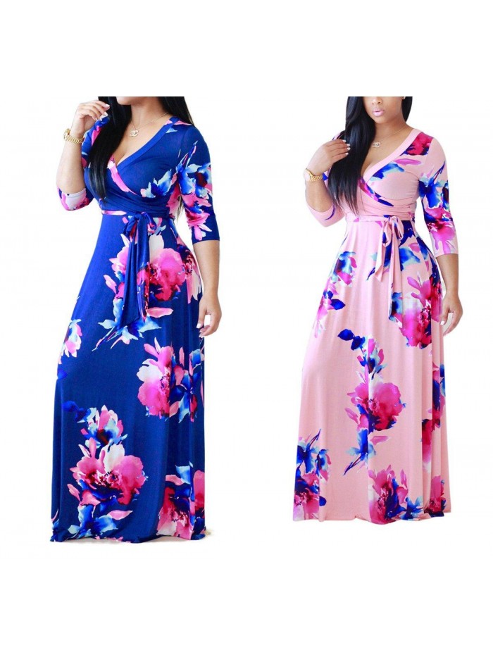 Womens Casual V-Neck Floral Print Long Maxi Flowy Dress Plus Size Plain Party Vintage Outfits 